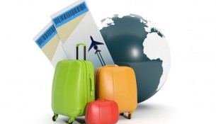 3d illustration: Land and a group of suitcases. To take a vacati