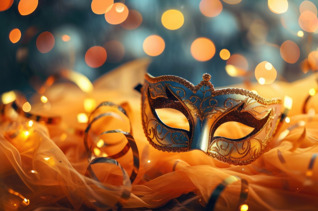 Carnival party background.Venetian mask on yellow glitter background. Copy space