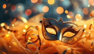 Carnival party background.Venetian mask on yellow glitter background. Copy space