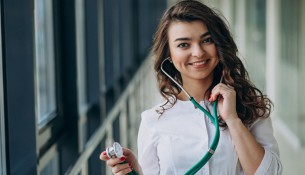 Young woman doctor with stethoscope at hospital