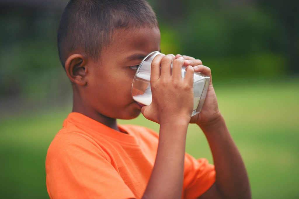 Little boy drinking milk in the park