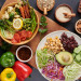 Vegan protein source. Buddha bowl dish, avocado, pepper, tomato,