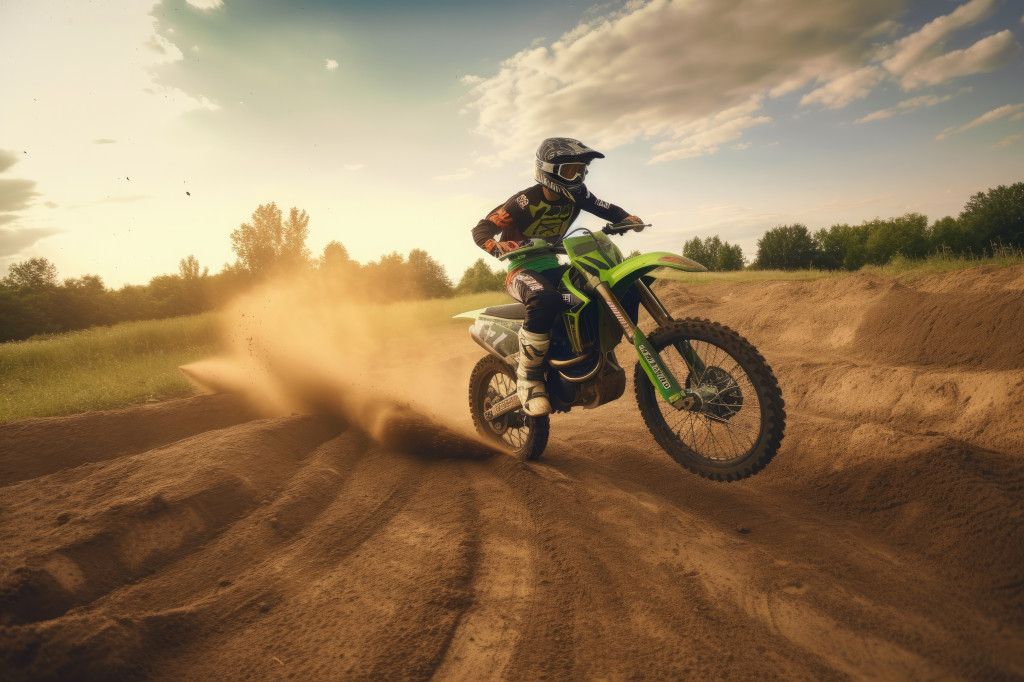 Motocross mounted motorcyclist doing a race on a dirt track.