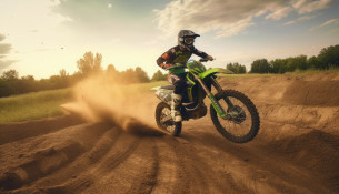 Motocross mounted motorcyclist doing a race on a dirt track.